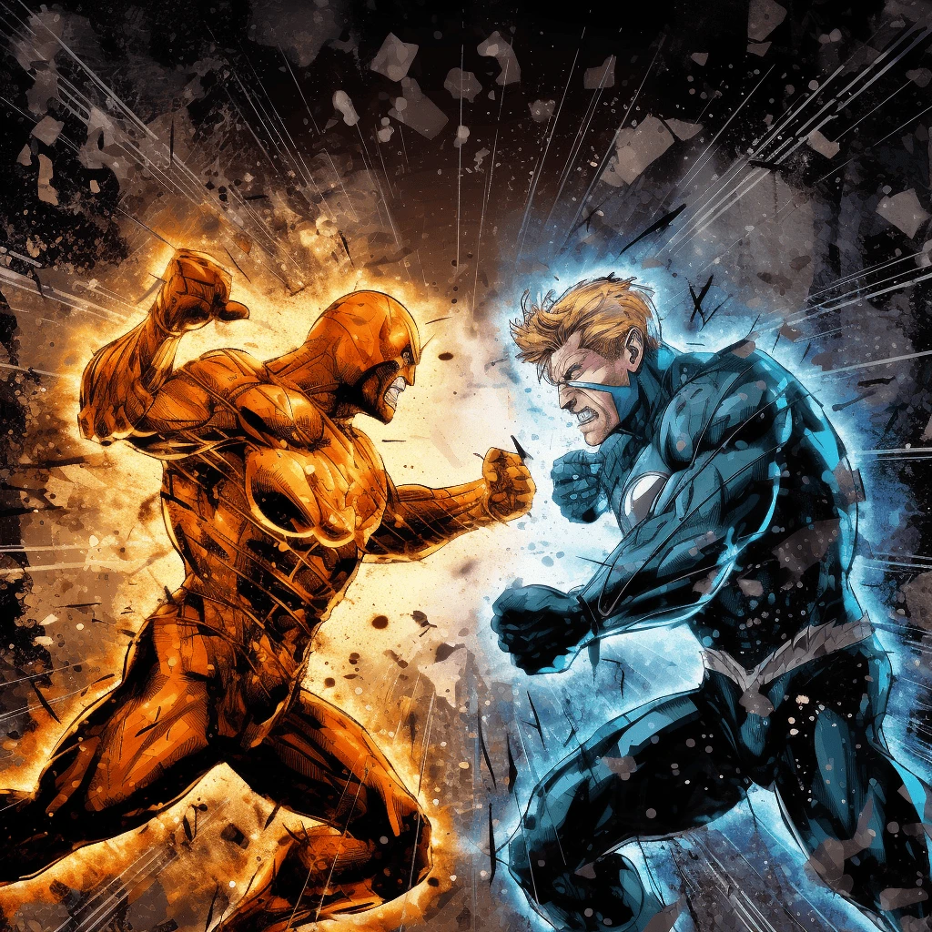 Two superheroes fighting each other in a comic book.