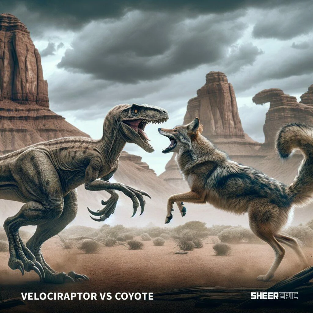Two velociraptor and coyote fighting in the desert.