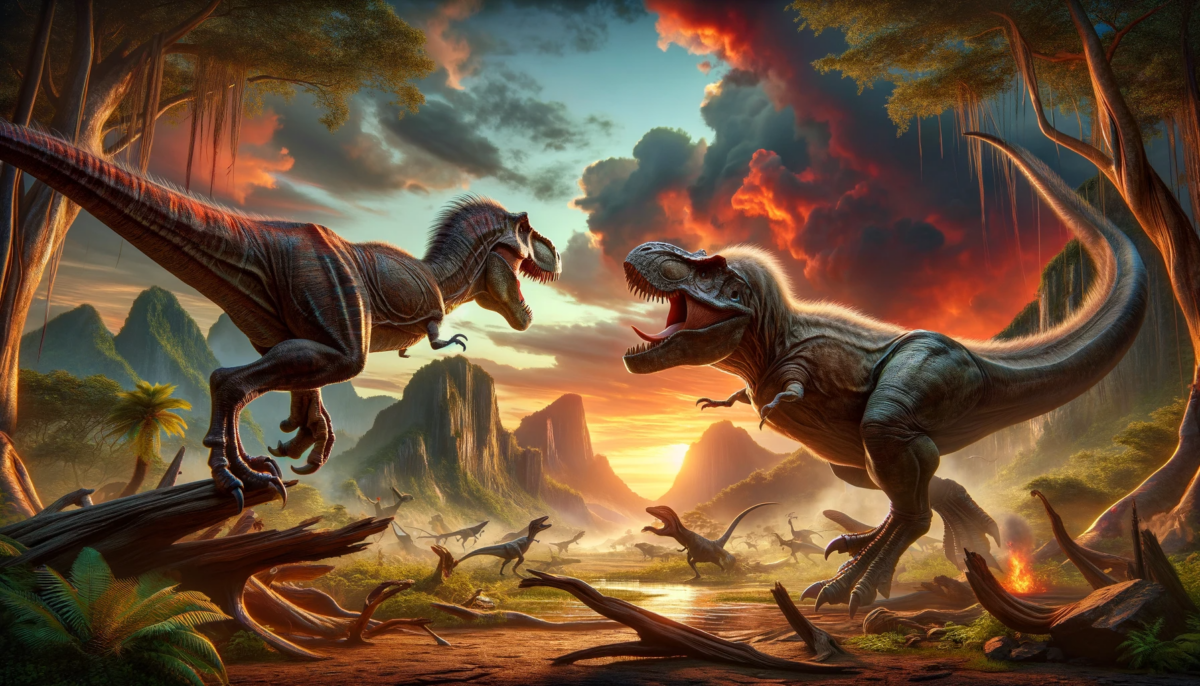 Two dinosaurs are fighting in a forest.