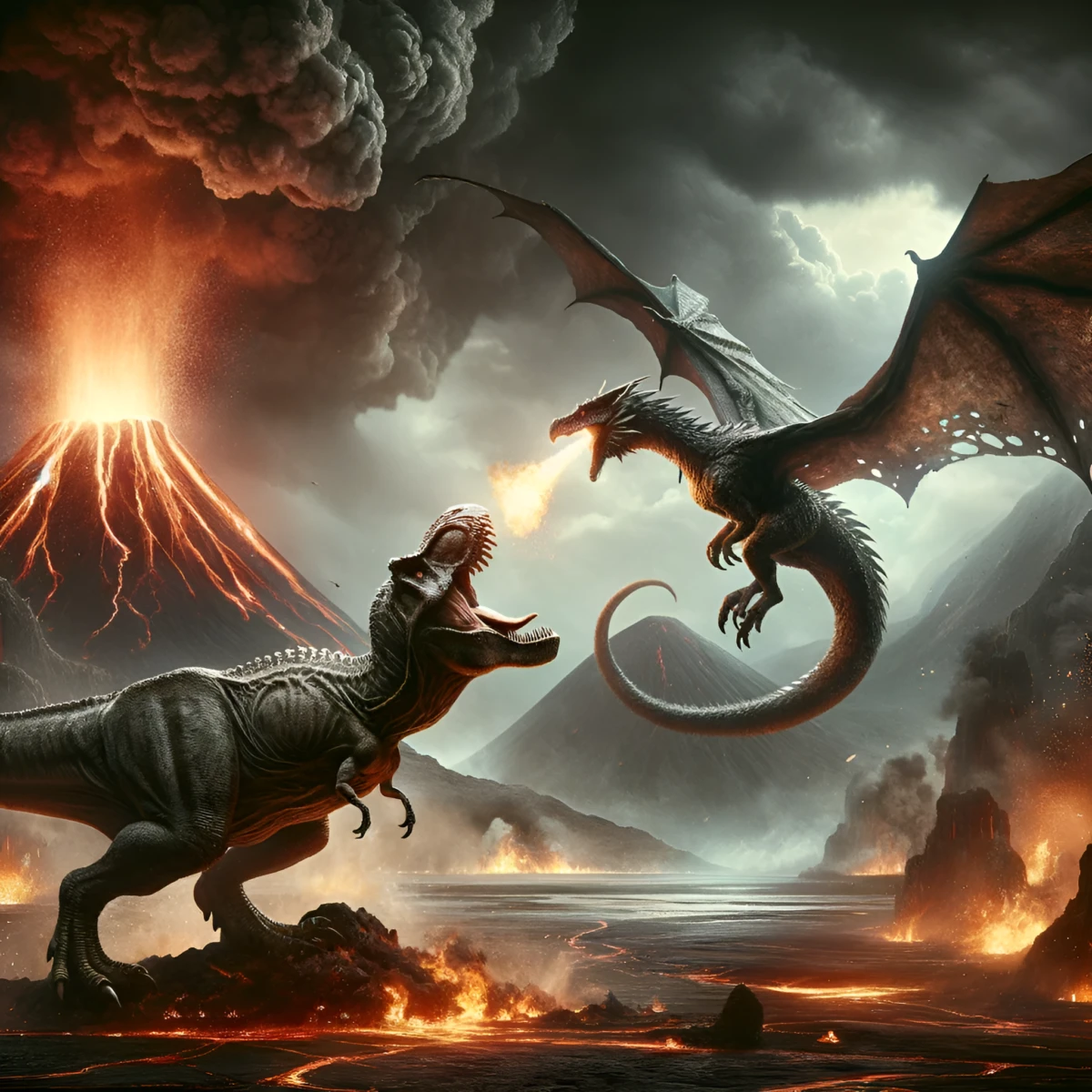Two dinosaurs fighting in front of a volcano.