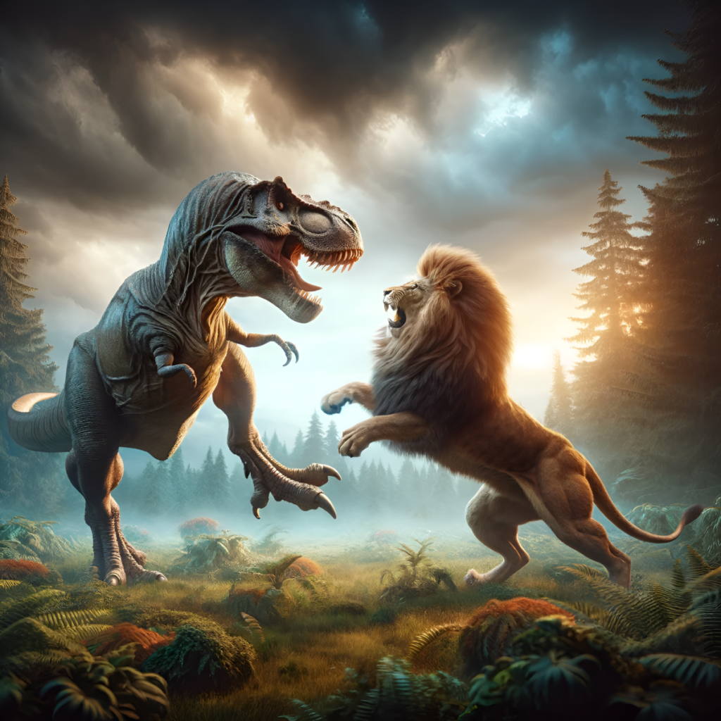 A lion and a t - rex fighting in the forest.