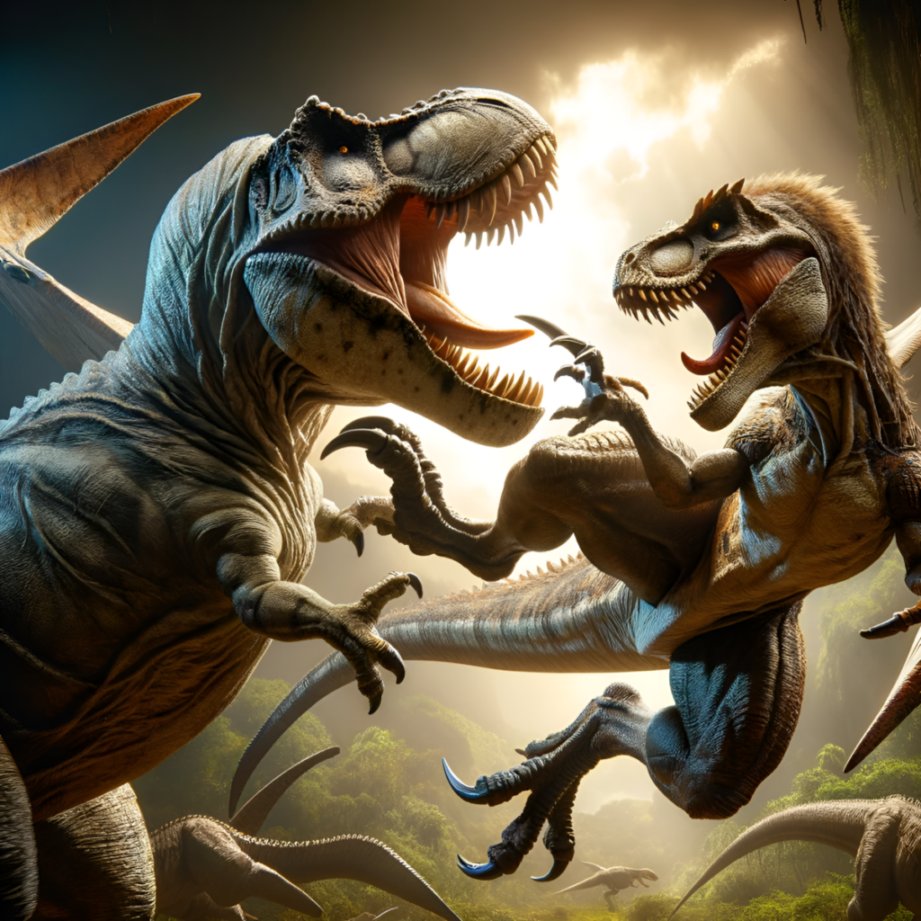 Two t - rex dinosaurs fighting in the forest.