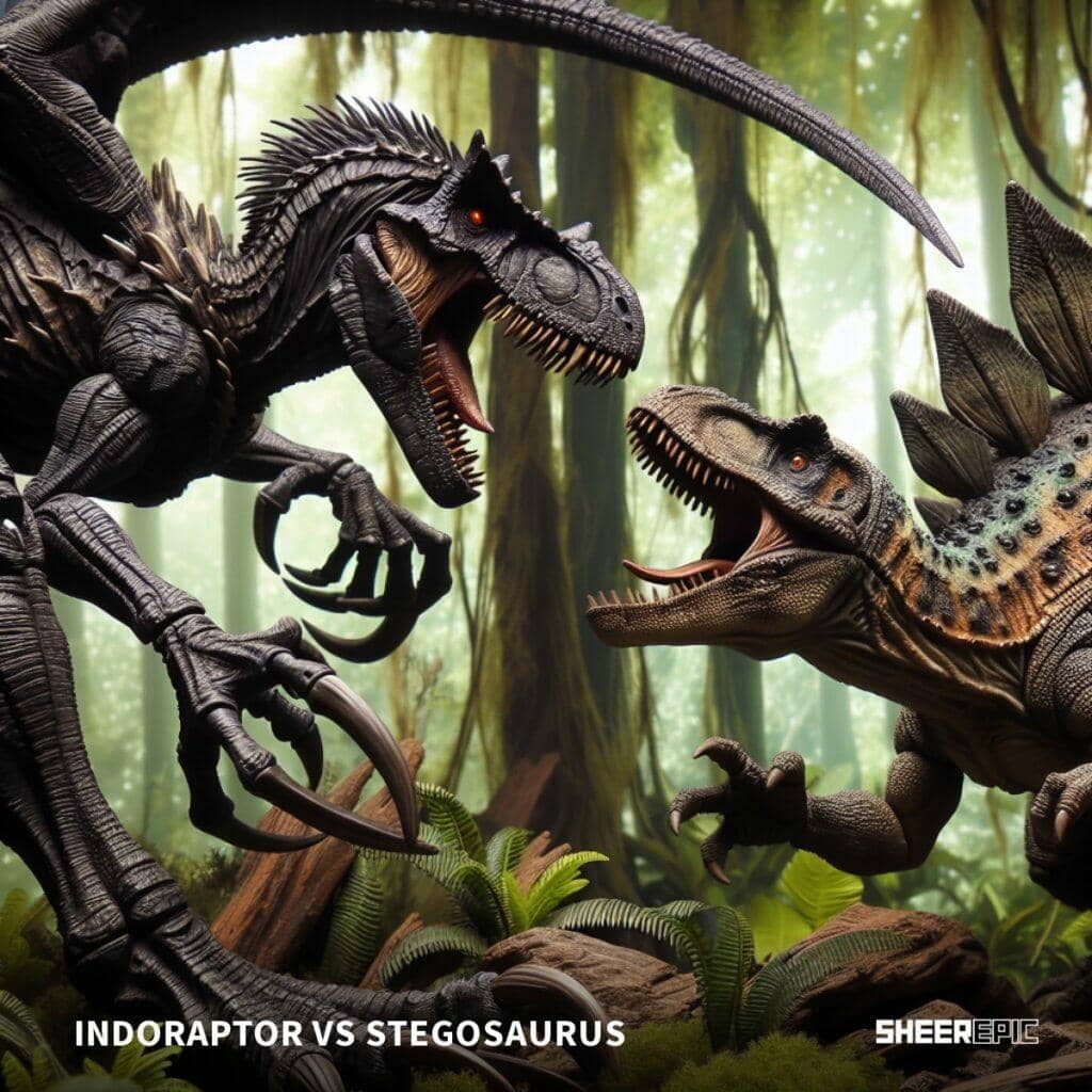 Two dinosaurs are fighting in the jungle.