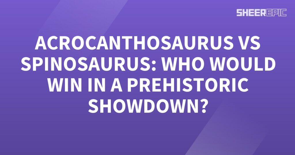 A purple background featuring a prehistoric showdown between Acrocanthosaurus and Spinosaurus.