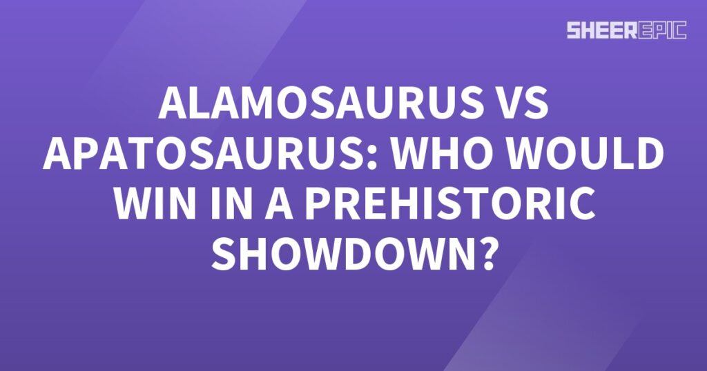 A purple background with the words Alamosaurus and Apatosaurus, engaged in a Prehistoric Showdown.