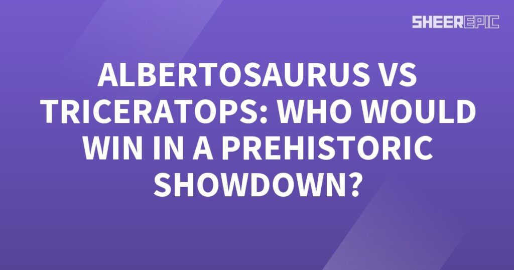 In a prehistoric showdown, the formidable Triceratops faces off against the mighty Albertosaurus amidst a vibrant purple backdrop. Who will emerge victorious in this epic clash?