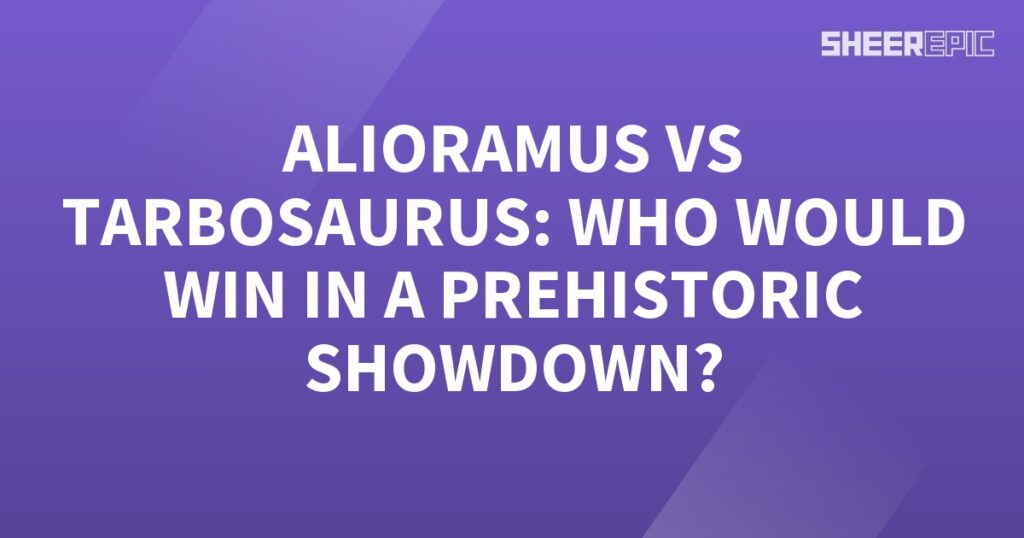 A prehistoric showdown between Alioramus and Tarbosaurus is depicted on a vibrant purple background. The question remains, who would emerge victorious?