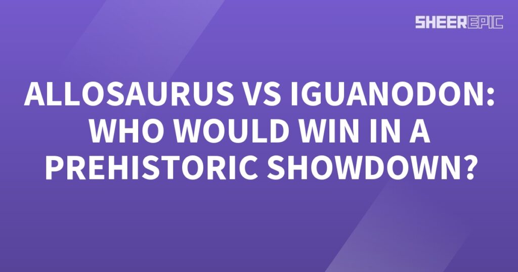 A purple background featuring an intense prehistoric showdown between an Allosaurus and Iguanodon.