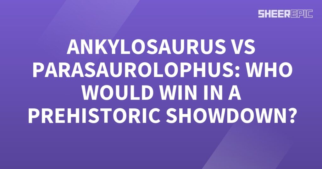 A purple background with white text featuring a prehistoric showdown.