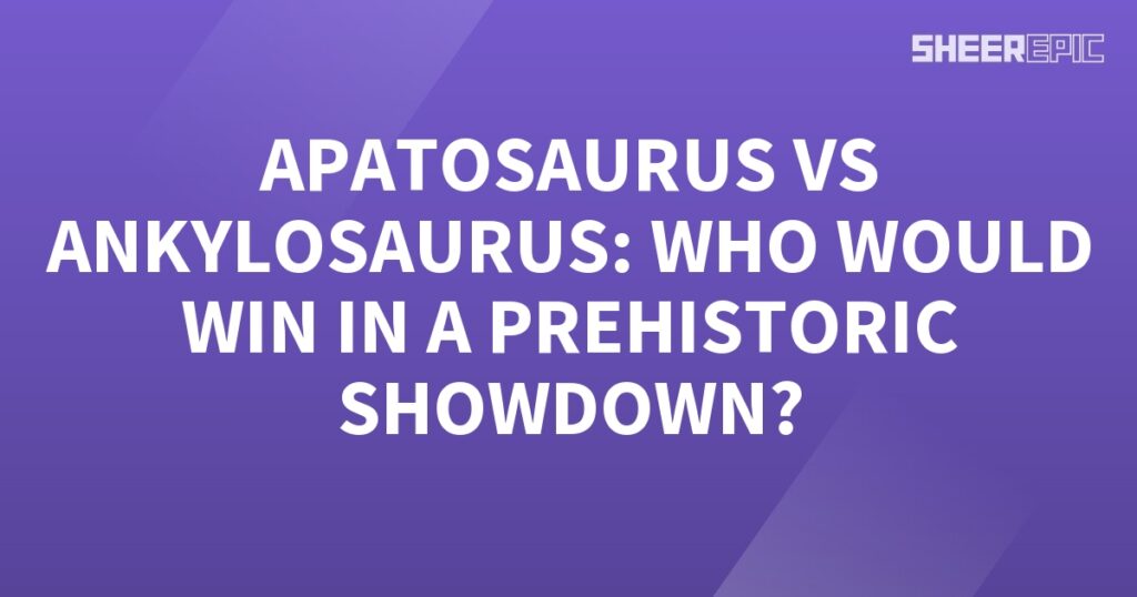 A purple background with the words apatosaurus vs ankylosaurus who would win in a Prehistoric Showdown.