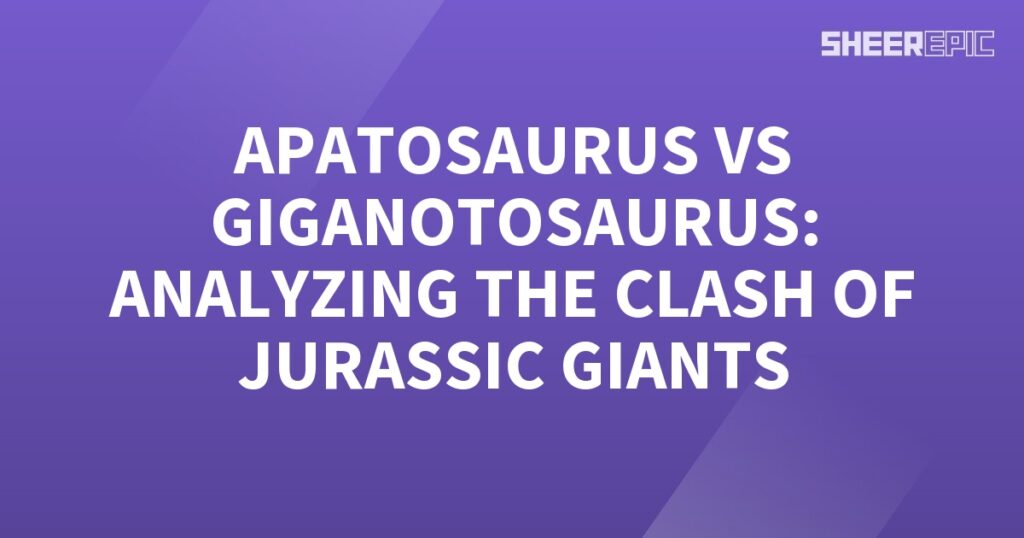 A purple background showcasing the epic clash between Apatosaurus and Giganotosaurus, two colossal jurassic giants.