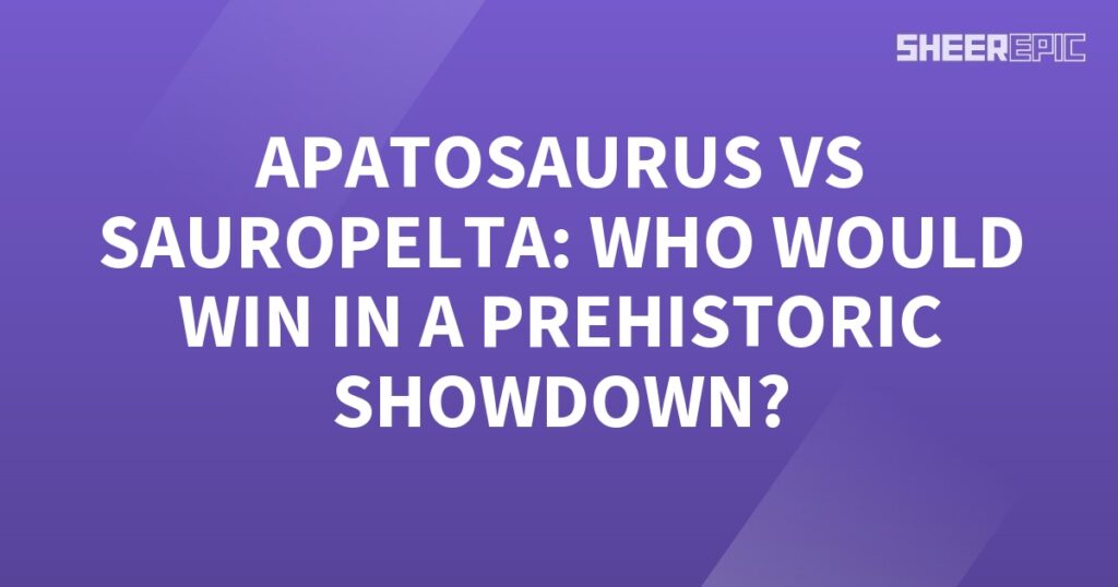 A purple background featuring a prehistoric showdown between the Apatosaurus and Sauretta, as they battle to determine the ultimate victor.