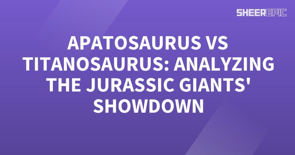 A purple background with the words apatosaurus vs titania analyzing the Jurassic giants showdown.