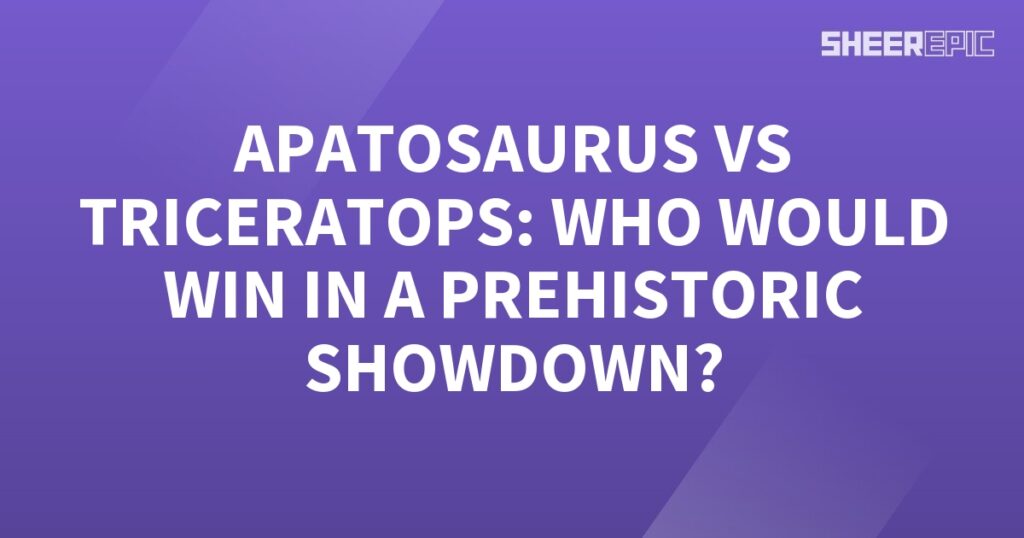 A purple background featuring the epic prehistoric showdown between an Apatosaurus and a Triceratops.