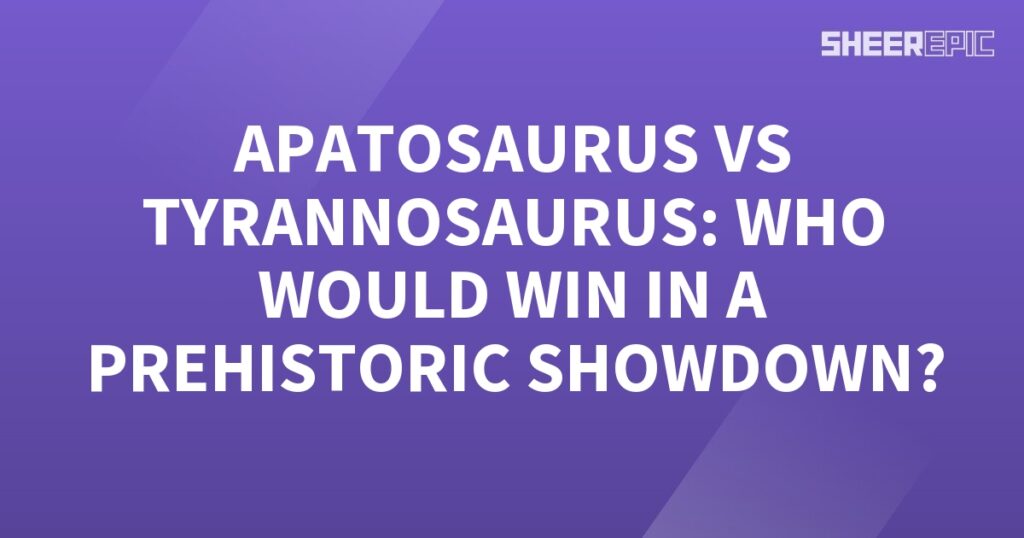 A prehistoric showdown unfolds with an apatosaurus and tyrannosaurus facing off against each other, showcased against a vibrant purple background.