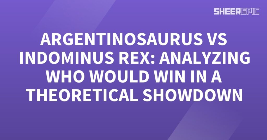 A purple background with the words Argentinosaurus vs Indominus Rex showcasing a showdown between these two colossal creatures.