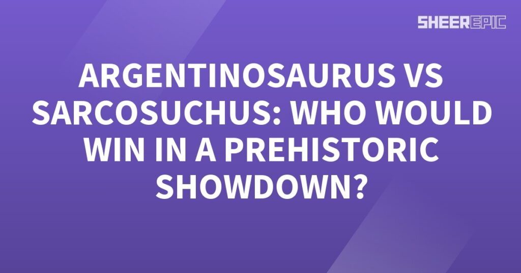 A prehistoric battle between Argentinosaurus and Sarcosuchus takes place on a mesmerizing purple background. Who will emerge victorious in this epic showdown?