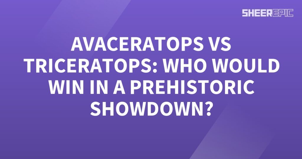 A purple background with the words Prehistoric Showdown – Triceratops vs Avaceratops, who would win in a prehistory.