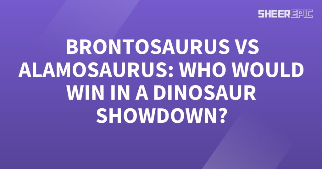 A purple background with white text featuring the Brontosaurus and Alamosaurus in a Dinosaur Showdown.