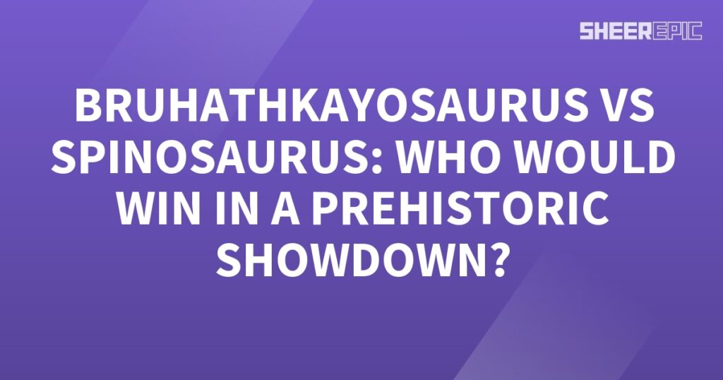 A prehistoric battle between the mighty Bruhathkayosaurus and Spinosaurus unfolds on a captivating purple background.