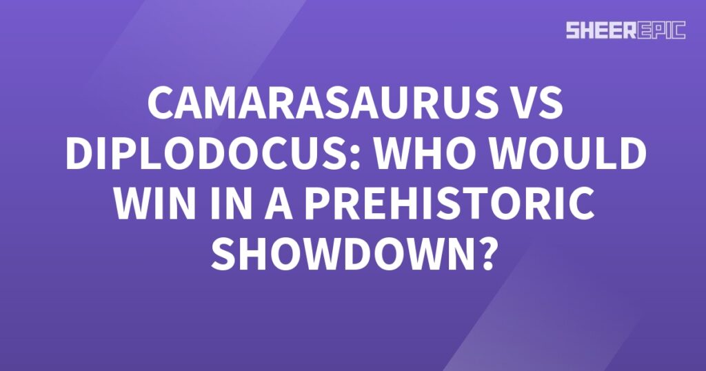 A purple background with the words camarasaurus vs diplodocus in a prehistoric showdown.