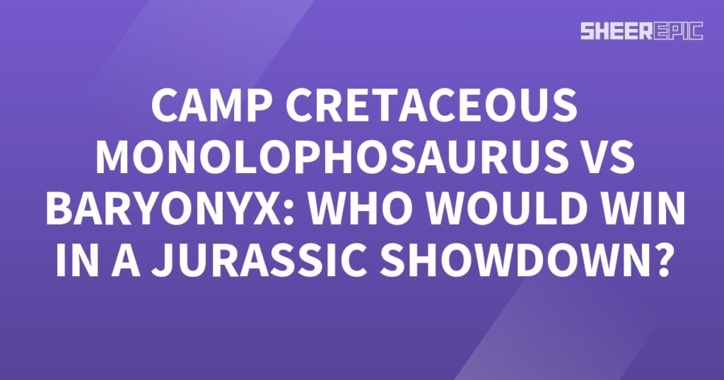 A purple background with white text featuring the Monolophosaurus from Camp Cretaceous.