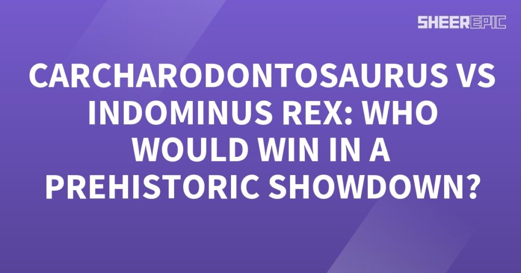 A prehistoric showdown between the Caradontosaurus and Indomus Rex on a purple background.