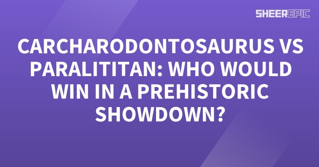 A purple background with white text featuring a prehistoric Carcharodontosaurus.