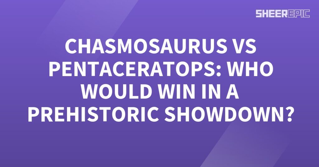 A purple background showcasing the epic prehistoric showdown between Chasmosaurus and Pentaceratops - who will emerge victorious?