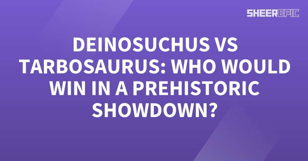 A prehistoric showdown between Deinosuchus and Tarbosaurus on a purple background.