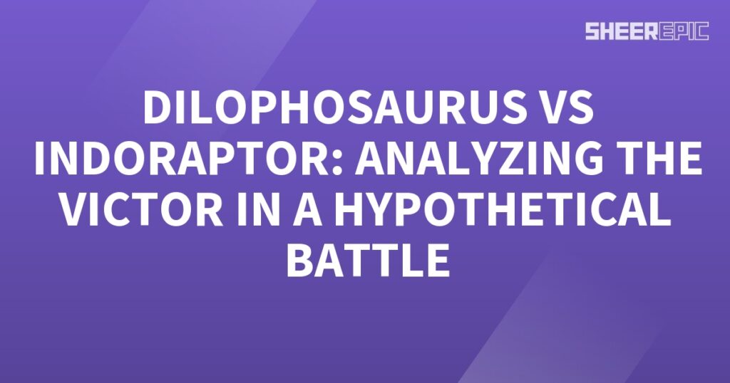 A purple background with white text displaying a hypothetical battle between the Indoraptor and Dilophosaurus.