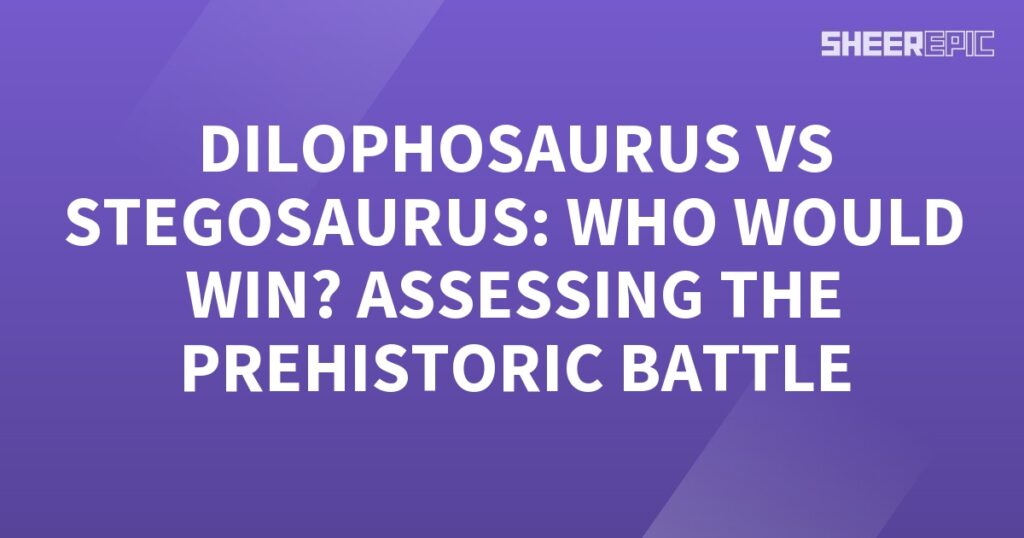 A purple background with white text featuring a Dilophosaurus in a prehistoric battle scene.