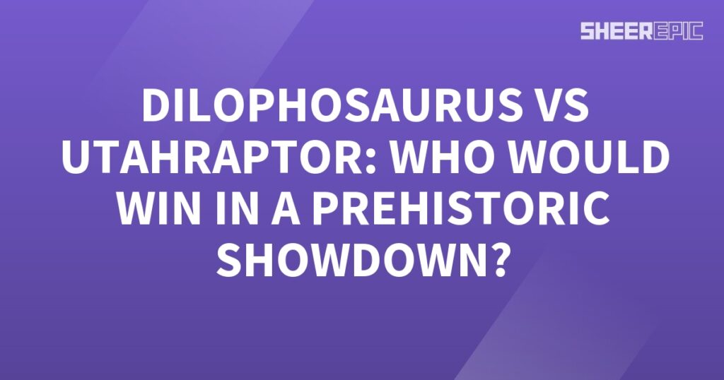 A purple background featuring the Dilophosaurus and Utahraptor, two prehistoric creatures engaged in an epic battle for dominance.