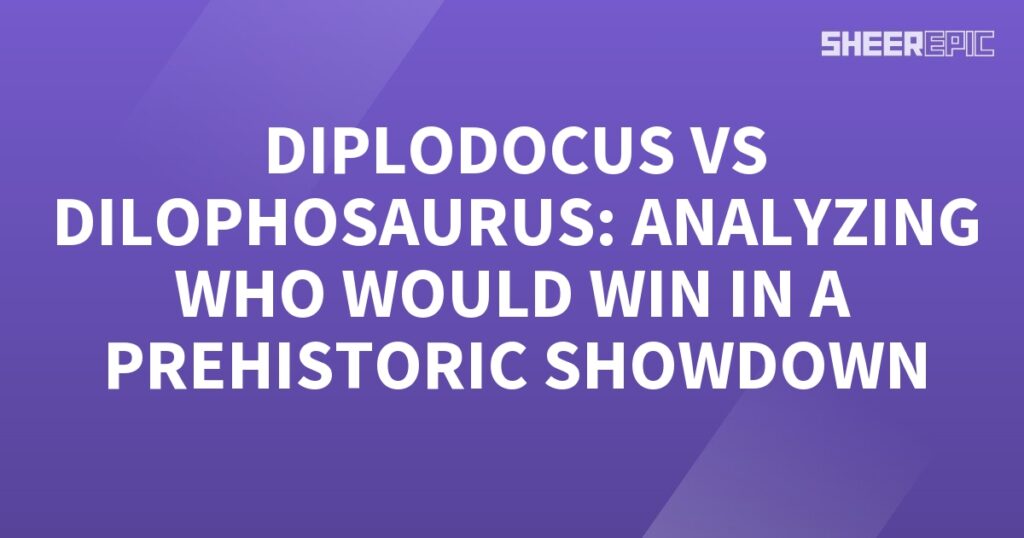 A purple background with the words diplodocus vs diplosaurus analyzing who won in a prehistoric showdown featuring Dilophosaurus.