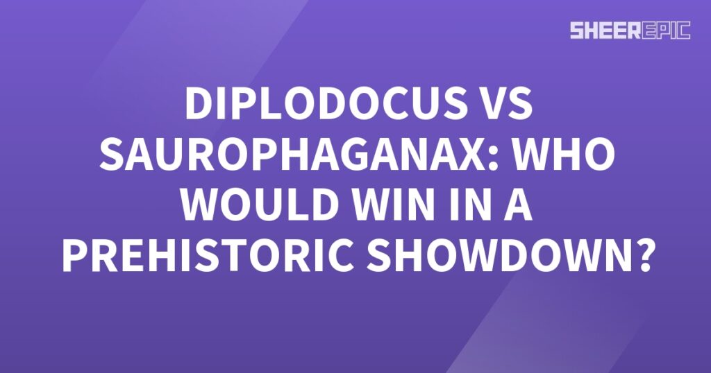 A prehistoric showdown between Diplodocus and Saurophaganax on a purple background.