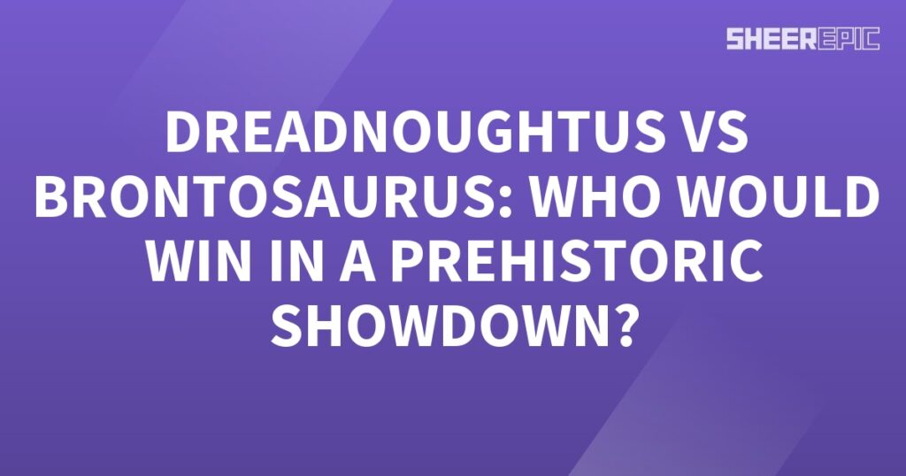 A prehistoric showdown between Dreadnoughtus and Brontosaurus takes place against a vibrant purple background.