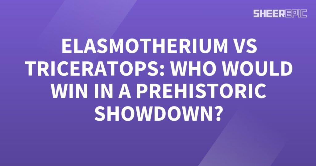 A purple background with the words Triceratops vs Elasmotherium in a prehistoric showdown.