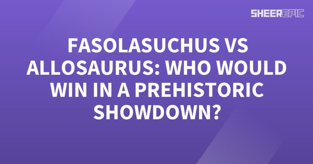 A purple background with the words Allosaurus vs Fasolasuchus who would win in a prehistoric showdown.