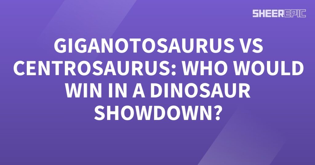 A dinosaur showdown between Giganotosaurus and Centrosaurus on a purple background.