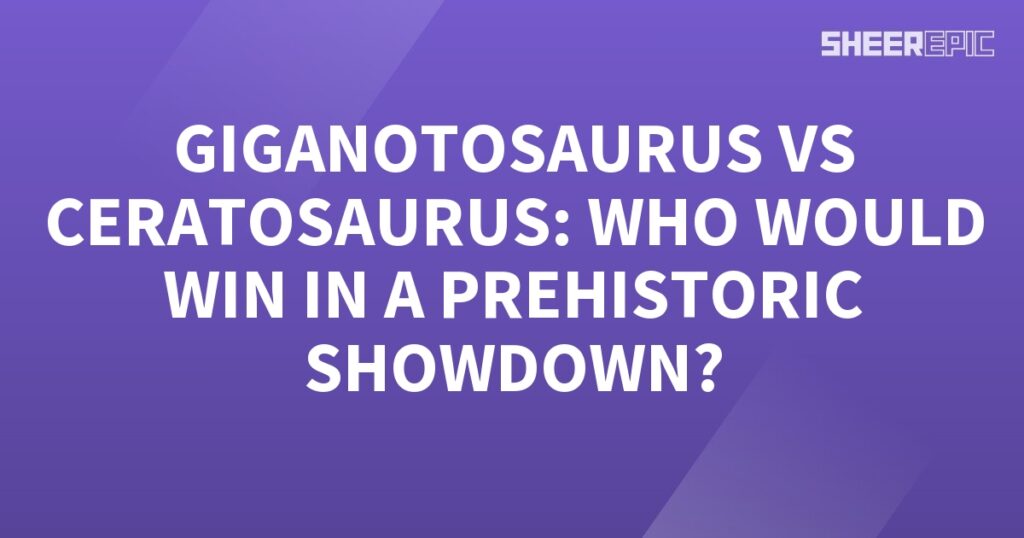 A prehistoric showdown between Giganotosaurus and Ceratosaurus, with a striking purple background.