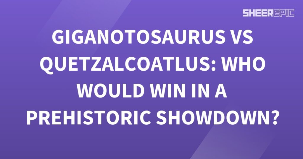 A prehistoric showdown between Gigantosaurus and Quetzalcoatlus, with a purple background.