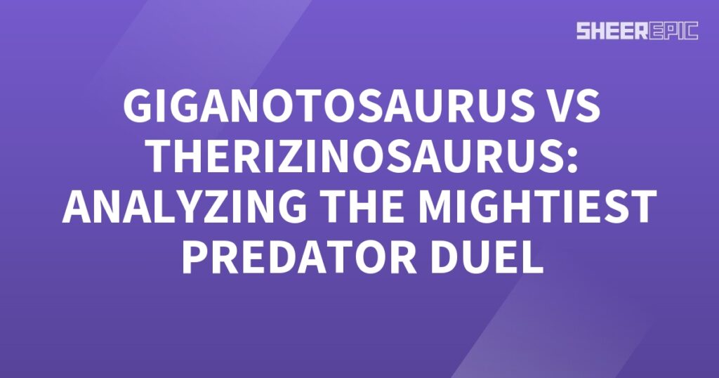 A purple background with the words Gigantosaurus vs Therizinos analyzing the greatest predator duel between two of the most formidable prehistoric creatures.