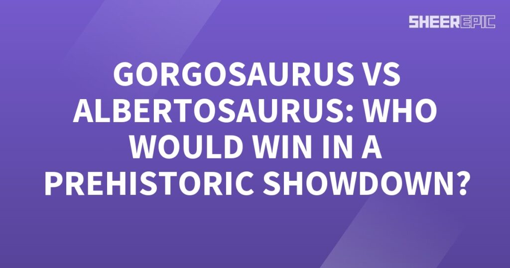 A purple background featuring a prehistoric showdown - Gorgosaurus vs Albertosaurus.