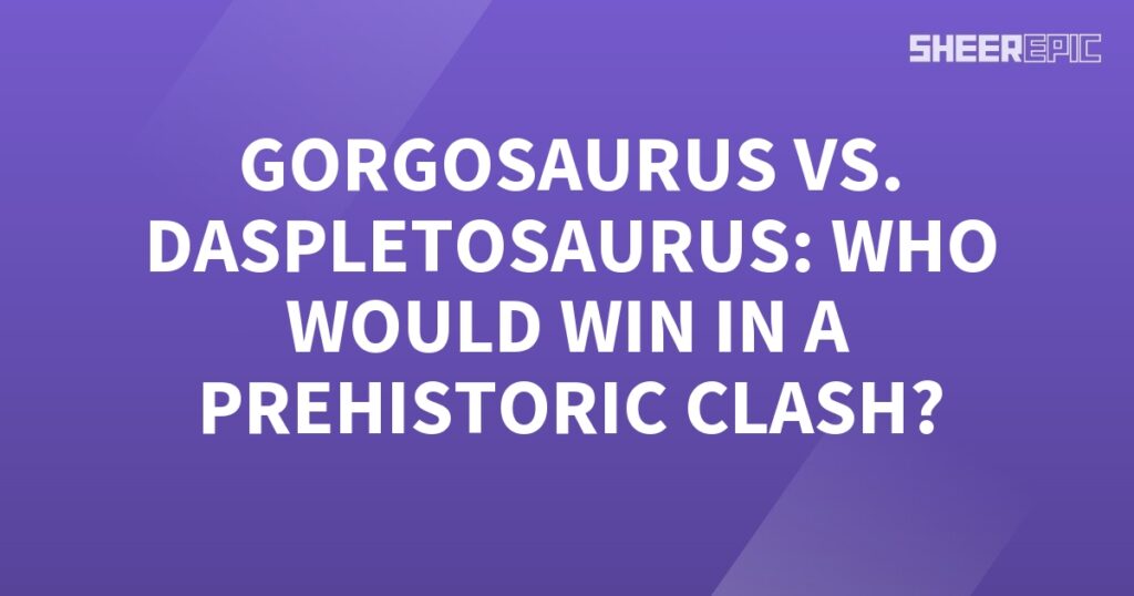 A prehistoric clash between Gorgosaurus and Daspletosaurus, with a purple background.