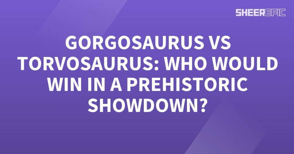 A Gorgosaurus vs Torvosaurus prehistoric showdown on a purple background.