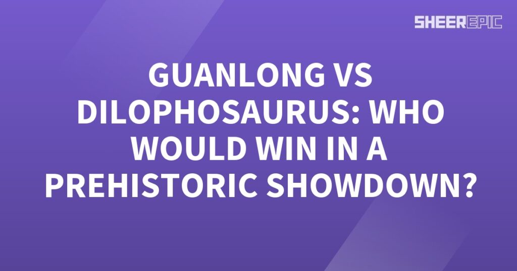 A purple background with the words Guanlong vs Dilophosaurus in a thrilling Prehistoric Showdown.