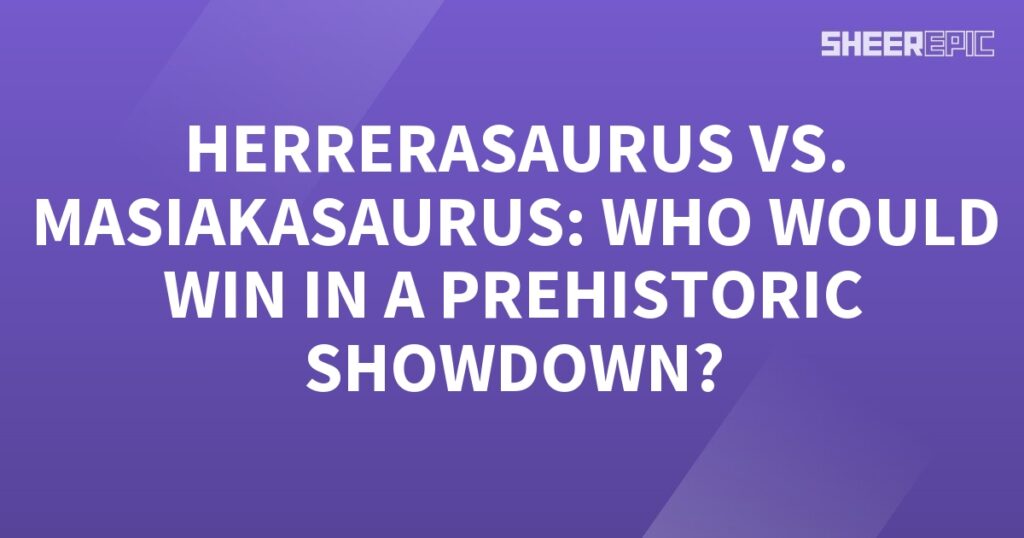 A purple background with white text showcasing a thrilling Prehistoric Showdown between Herrerasaurus and Masiakasaurus.