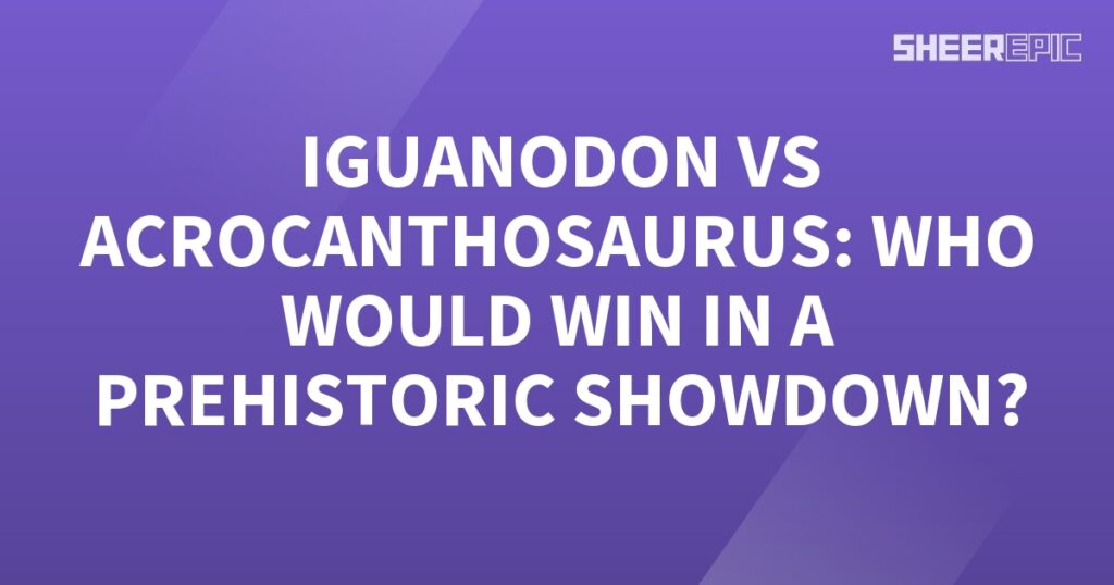 A prehistoric showdown between Iguanodon and Acrocanthosaurus on a purple background.