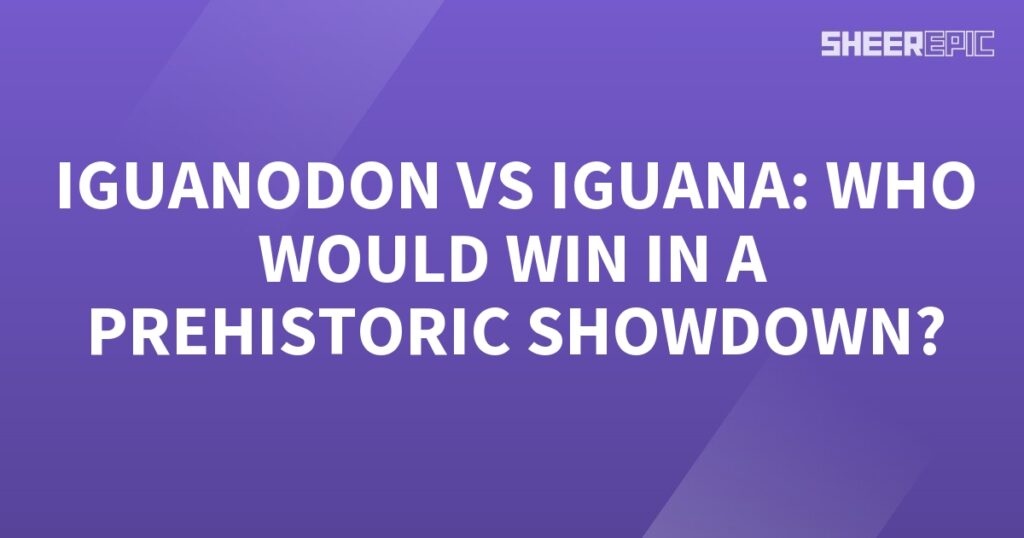 A prehistoric showcase featuring an iguanodon and an iguana, with a purple background.