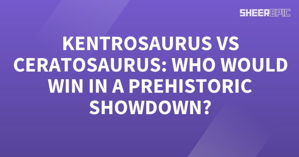 A prehistoric showdown between Kentrosaurus and Ceratosaurus on a purple background.